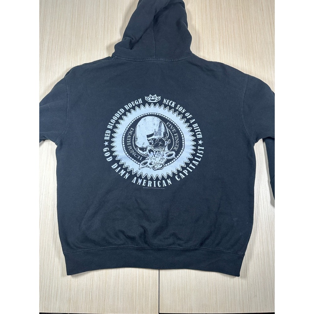 Mens Hoodie Black Five Finger Death Punch Knuckle Skull Graphic Pockets Full Zip - Picture 5 of 8